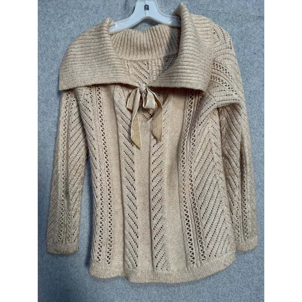White House Black Market‎ Sweater Womens Medium Beige Cowl Neck Open Knit Bow